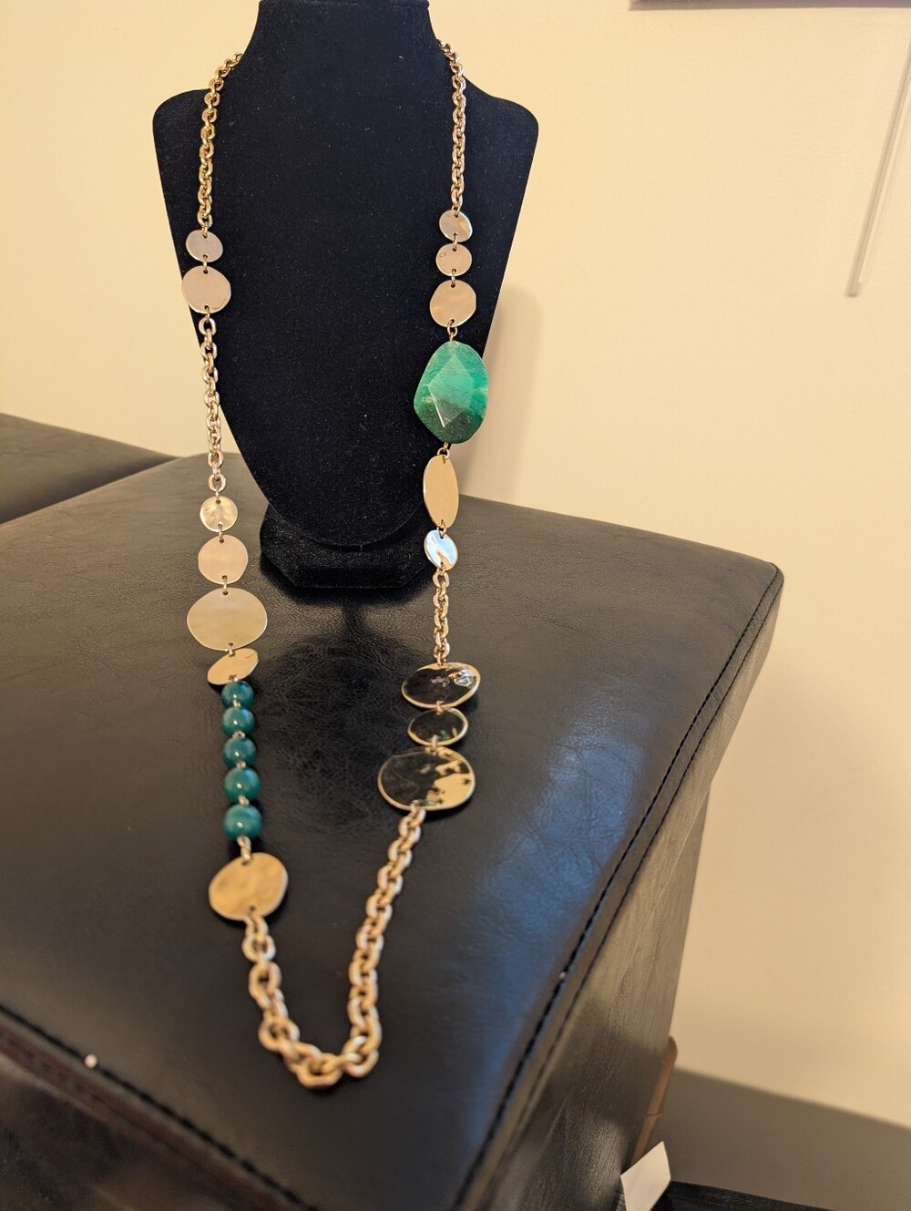 Sequin Gold Tone Long Necklace with Green Gem Accent